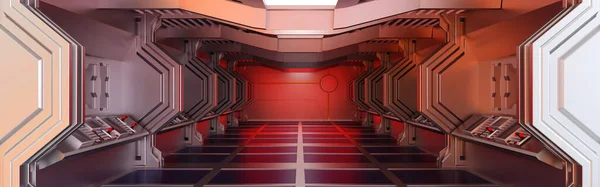 Inside spaceship or space station interior, Sci-Fi tunnel, corridor with empty space, Template Horizontal Banner header for Website, 3D rendering.