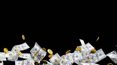 Düşen altın para ve dolar banknot, havada yüzen para, iş zenginliği konsepti. 3B görüntüleme.