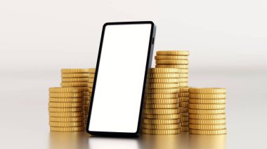 Smartphone with stack of gold coins, concept of management and administration online business with mobile phone. 3D rendering.
