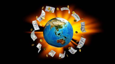 Dünya çapında altın sikke ve banknot, dünya ticareti finansal konsepti, NASA 'nın elementi, 3D yorumlama.