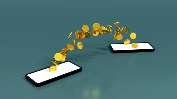 Mobile Banking Concept Coin Moving Smartphone Other Cellphone Online Money — стоковое фото