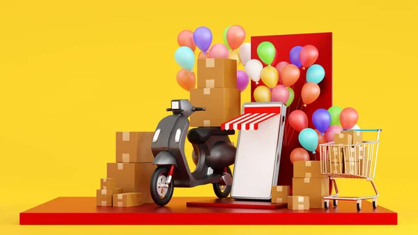 Promotion Stage Podium Show Shopping Cart Parcel Box Balloon Smartphone — Stockfoto