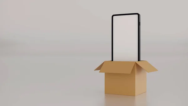 智能手机从大纸板箱里出来 网上购物送货业务的理念 3D渲染 — 图库照片
