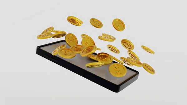 Smartphone Surrounded Gold Coins Concept Management Administration Online Business Mobile — Stock Photo, Image