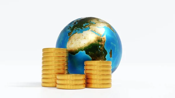 Globo Terra Com Pilha Moeda Ouro Conceito Financeiro Negócios Mundo — Fotografia de Stock
