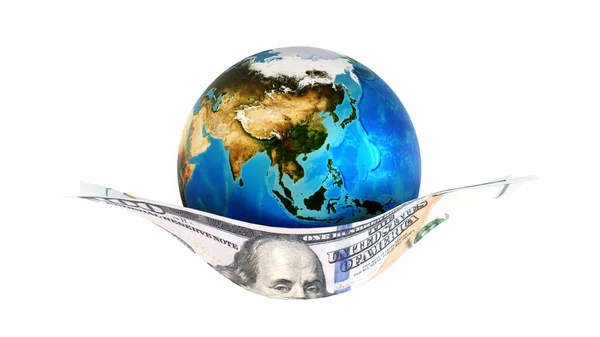 Planeet Aarde Aardbol Ondersteund Vervoerd Door Dollarbankbiljet Wereld Business Concept — Stockfoto