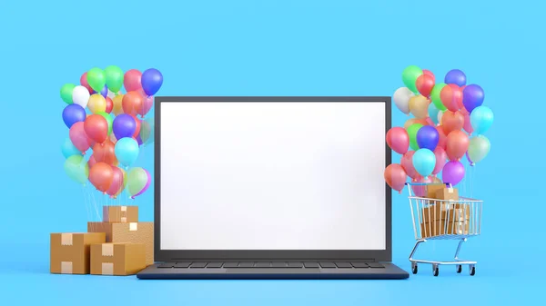 Waktu Belanja Online Laptop Dengan Troli Gerobak Supermarket Dan Kotak — Stok Foto