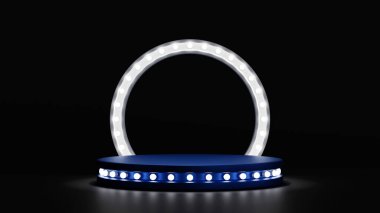 Sahne tiyatrosunda ya da operada ampullü yuvarlak podyum, marka ürün sergisi için kaidesi var. Reklam tasarımı için bir şablon. 3B görüntüleme.