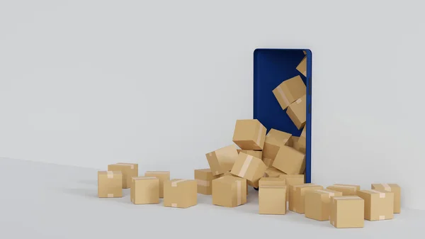 Cardboard Box Parcel Overflow Smartphone Display Online Shopping Delivery Concept — 스톡 사진