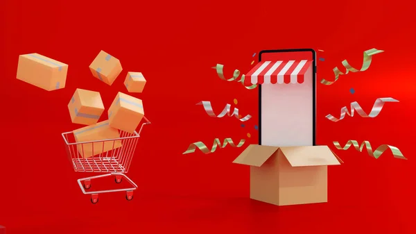 Smartphone Store Front Shop Coming Out Big Cardboard Box Online — Stock Photo, Image