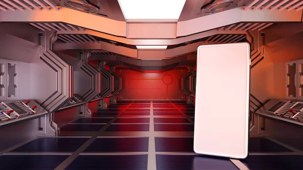 Uzay gemisindeki veya uzay istasyonundaki akıllı telefon, bilim kurgu tüneli, çevrimiçi pazar internet bankacılık konsepti, 3D görüntüleme.