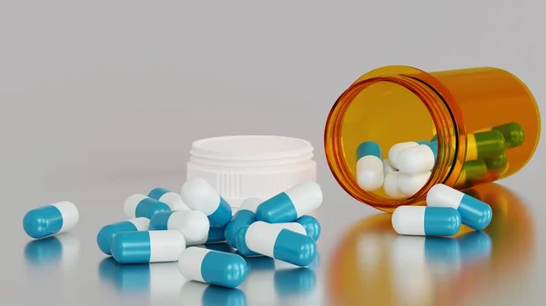 Queda Cápsulas Antibióticas Para Fora Garrafa Pílula Cuidados Saúde Conceito — Fotografia de Stock
