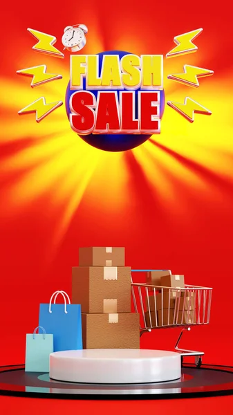 Flash Sale Word Gift Boxes Shopping Cart Bag Podium Banner — Stockfoto