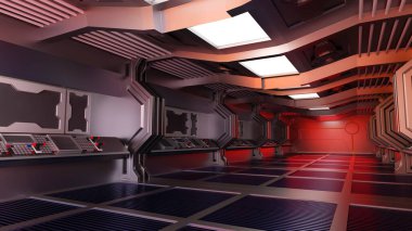 Uzay gemisinin ya da uzay istasyonunun içinde, Bilimkurgu tüneli, boş arkaplanı olan koridor, 3D görüntüleme