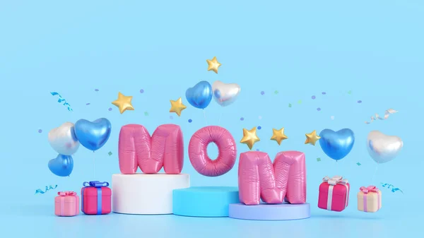 Happy Mothers Day Celebration Balloon Mom Text Podium Gift Box — Stockfoto