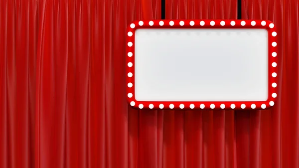 Blank mock up red billboard with light bulb on stage theatre or opera with red velvet curtain and Spotlight, 3D rendering.