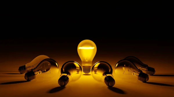 Jedna Žárovce Svítit Skupině Potemnělé Žárovky Koncept Vedoucí Inovace Řešení — Stock fotografie