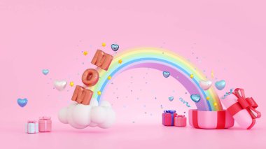 Happy mothers day Celebration, Balloon Mom text on rainbow with cloud and gift box, heart love, copy space for add text, 3D rendering.