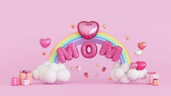 Ibu Bahagia Hari Perayaan Balon Mom Teks Pelangi Dengan Awan — Stok Foto
