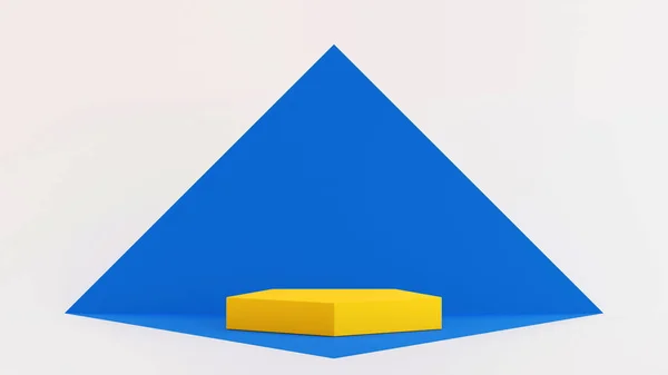 Жовтий Подіум Пентагону Синьою Формою Піраміди Перспектива Стіни Підлоги Сцена — стокове фото
