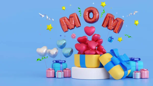 Szczęśliwego Dnia Matki Balon Tekst Mamy Podium Pudełkiem Prezentów Miłość — Zdjęcie stockowe