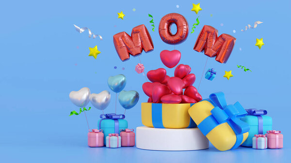 Happy mothers day Celebration, Balloon Mom text on podium with gift box, heart love, copy space for add text, 3D rendering.