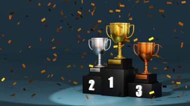 Gold champion trophy cup on winner 1, 2, 3 podium, stage for the first, second and third place, 3D rendering.