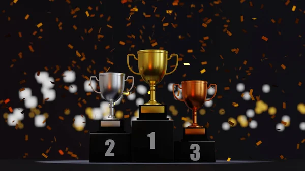 Gold champion trophy cup on winner 1, 2, 3 podium, stage for the first, second and third place, 3D rendering.