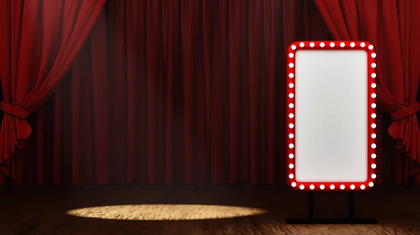 Blank mock up red billboard with light bulb on stage theatre or opera with red velvet curtain and Spotlight, 3D rendering.
