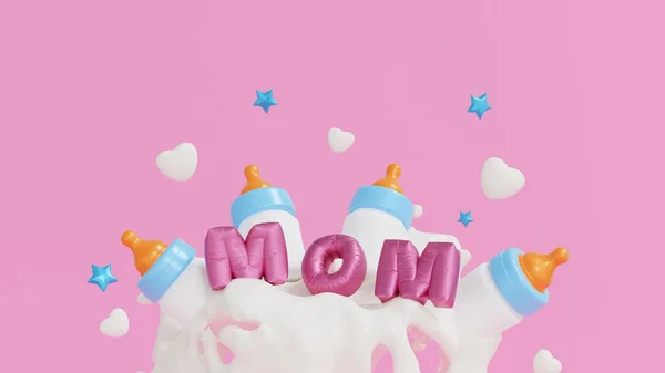 Happy Mothers Day Celebration Mom Text Baby Bottle Milk Splash — Zdjęcie stockowe