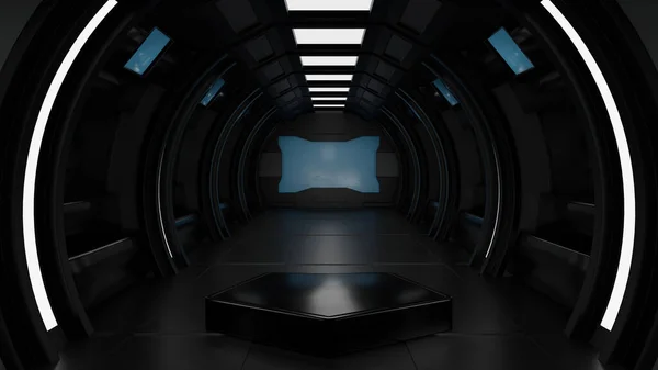 Modern Pentagon Podium Spaceship Space Station Interior Sci Tunnel Stage — Stock Photo, Image