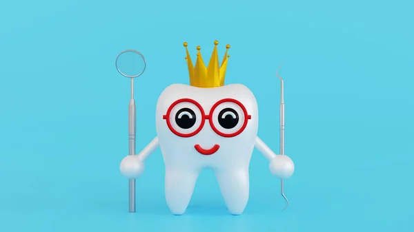 Cute human tooth character with happy face holding dental equipment or toothbrush, dental care concept, 3D rendering.