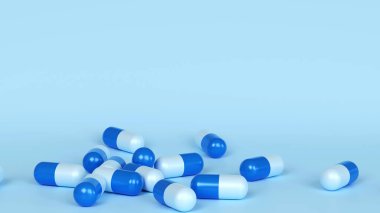 Falling antibiotic capsules out of the pill bottle, health care and medical concept. 3D rendering.