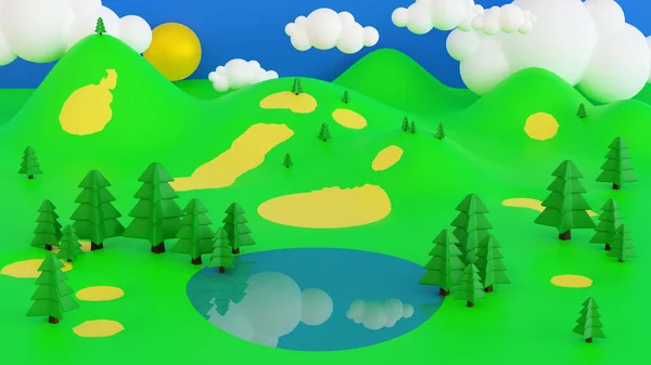 Cartoon Spring summer rural landscape, meadow and mountain with blue sky and cloud, for banner, poster background greeting card, 3D rendering.