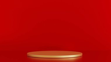 Empty gold round pedestal podium on red background, stage for product demonstration or award ceremony, 3D rendering.