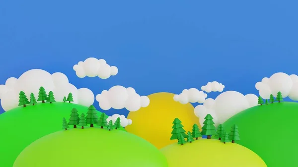 Cartoon Spring summer rural landscape, meadow and mountain with blue sky and cloud, for banner, poster background greeting card, 3D rendering.