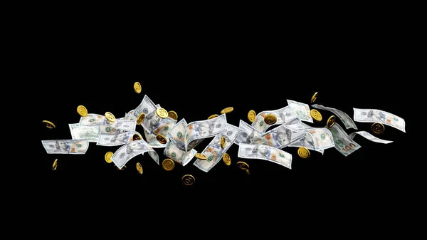 Falling gold coin and dollar banknote, money floating in air, business wealth concept. 3D rendering.