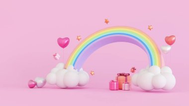 Promotion platform cloud and rainbow with gifts box and balloon decoration, mock up for valentine or anniversary season, 3D rendering.