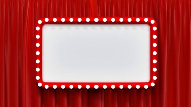 Boş kırmızı reklam panosuyla sahnedeki ampulü taklit et ya da kırmızı kadife perdeli ve spot ışıklı operayı, 3D görüntüle.