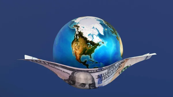 Planet earth or globe supported or carrying by dollar banknote, world business concept, America Zone, element by NASA, 3D rendering.