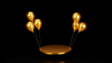 Empty floating gold round pedestal podium with balloon, stage for product demonstration or award ceremony, 3D rendering.