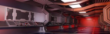 Dahili uzay gemisi veya uzay istasyonu içi, Bilimkurgu tüneli, boş boşluklu koridor, Web sitesi için Şablon Yatay Sancak başlığı, 3D görüntüleme.