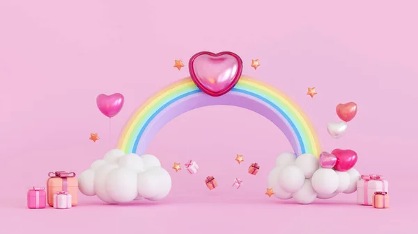 Promotion platform cloud and rainbow with gifts box and balloon decoration, mock up for valentine or anniversary season, 3D rendering.