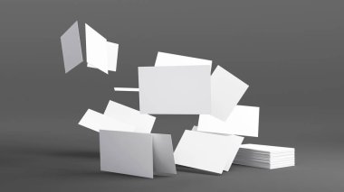 Boş beyaz kartvizit yığını, gri arkaplanda isim kartı kopyası, şirketinizin markasını yükseltme, 3D görüntüleme.