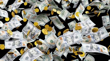 Düşen altın para ve dolar banknot, havada yüzen para, iş zenginliği konsepti. 3B görüntüleme.