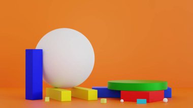 Ürün görüntüleme sunumu için boş çoklu renk geometrik şekilli podyum geometrik şekil kaidesi, 3D görüntüleme.