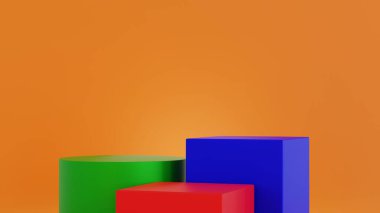 Ürün görüntüleme sunumu için boş çoklu renk geometrik şekilli podyum geometrik şekil kaidesi, 3D görüntüleme.