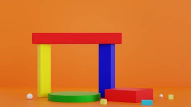 Ürün görüntüleme sunumu için boş çoklu renk geometrik şekilli podyum geometrik şekil kaidesi, 3D görüntüleme.