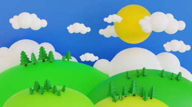 Cartoon Spring summer rural landscape, meadow and mountain with blue sky and cloud, for banner, poster background greeting card, 3D rendering.