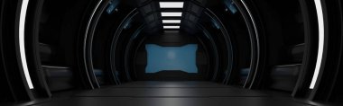 Dahili uzay gemisi veya uzay istasyonu içi, Bilimkurgu tüneli, boş boşluklu koridor, Web sitesi için Şablon Yatay Sancak başlığı, 3D görüntüleme.